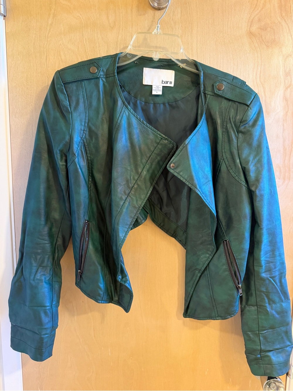 Bar III Teal Green Leather Asymmetrical Cropped Moto Jacket